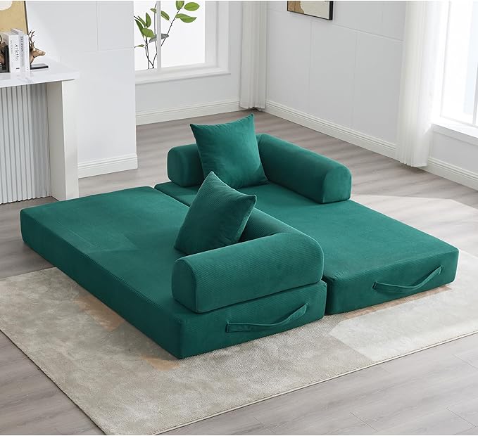 ZEIINPA Convertible Sleeper Sofa Bed, Folding Floor Sofa Bed with Fixed-Shape Frame, Corduroy Floor Sleeper Sofa with Storage Pocket, Futon Boneless Sofa Couch for Living Room, Emerald Green