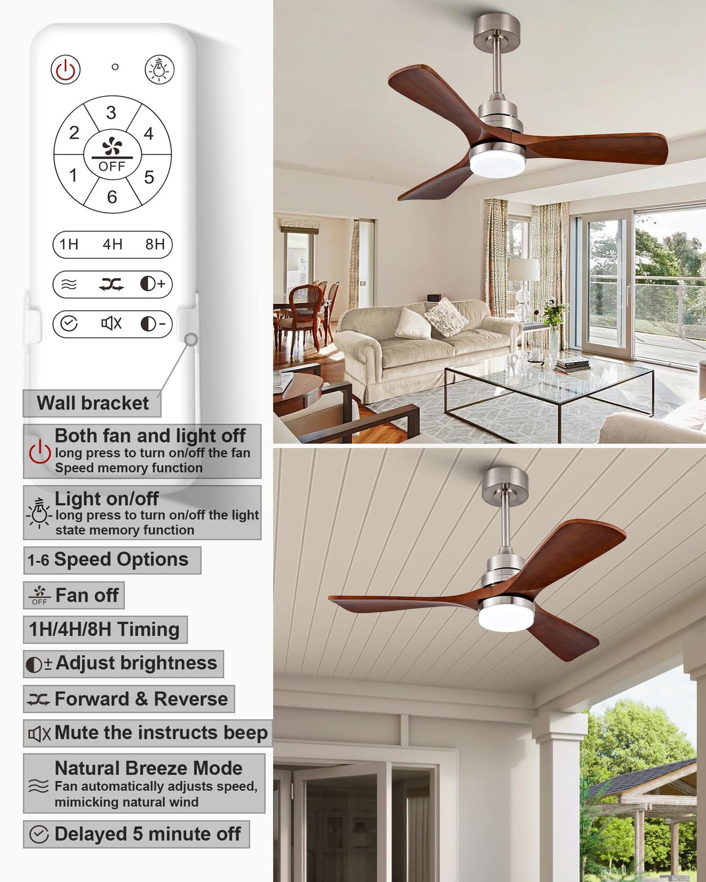 FXZZ 42 Inch Ceiling Fans with Lights, Remote Control, Dimmable, Solid Wood Blades, Power-Off Memory, Quiet DC Motor, Brushed Nickel Modern Ceiling Fan for Farmhouse Living Room Bedroom Outdoor Patio