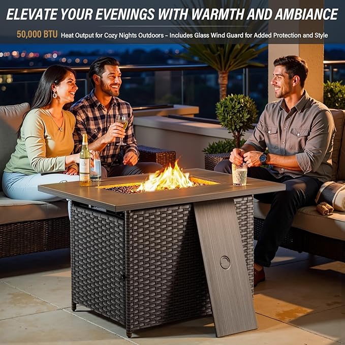 Belord Wicker Patio Furniture Set with 41” Fire Pit Table - Swivel Rocker Glider Outdoor Chairs with Sofa and Glass Top Side Table, All-Weather Removable 6" Blue Seat Cushion for Warm Patio Evenings