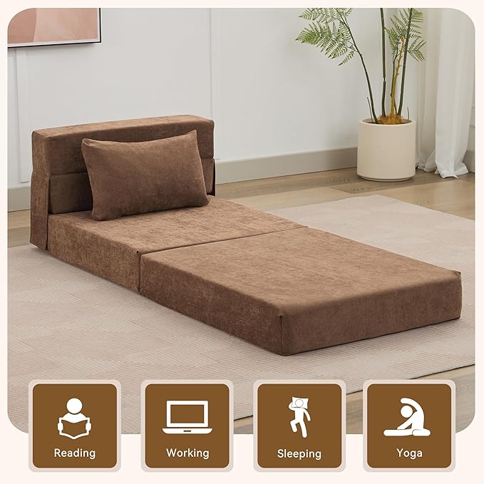 WUTUTUEE Folding Sofa Bed Convertible Floor Couch Foldable Chair Bed with Pillow，Linen Sleeper Chair Futon,Foldable Memory Foam Mattress for Bedroom/Living Room/Dorm/Office (Brown, Single)