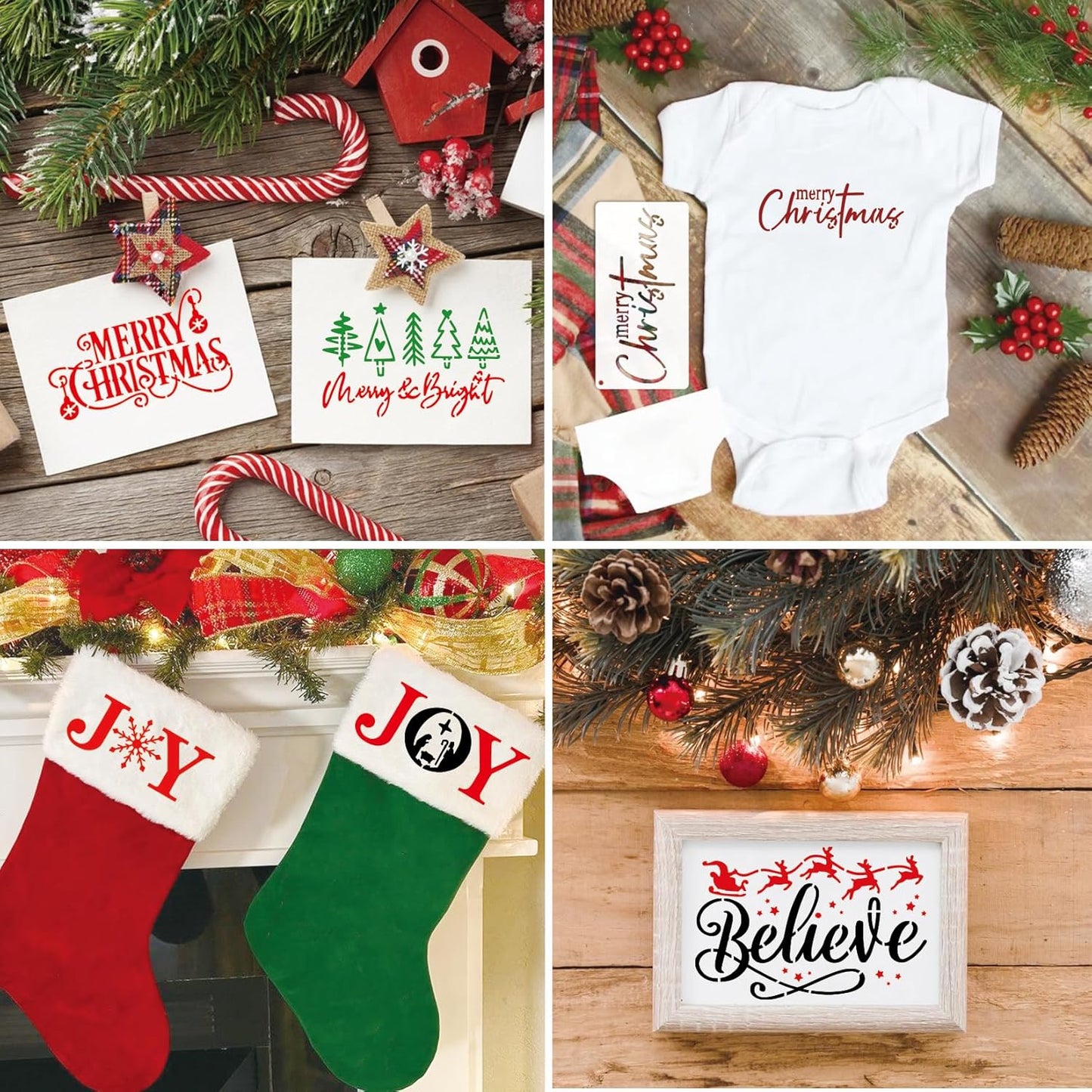 16pcs Merry Christmas Stencils for Card Making Reusable Drawing Believe Christmas Stencils for Painting on Wood Signs, Crafts, Wall Decorations