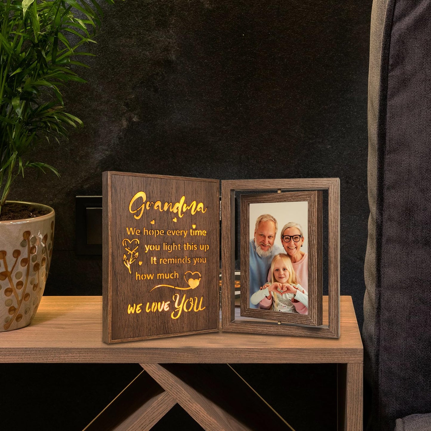 EYITUPC Grandma Picture Frame with Light Up Message – Rotating Double Sided 4x6 Photo Frame – Rustic Brown Gifts for Grandma from Grandkids – Mother's Day Birthday Christmas Gift for Grandma