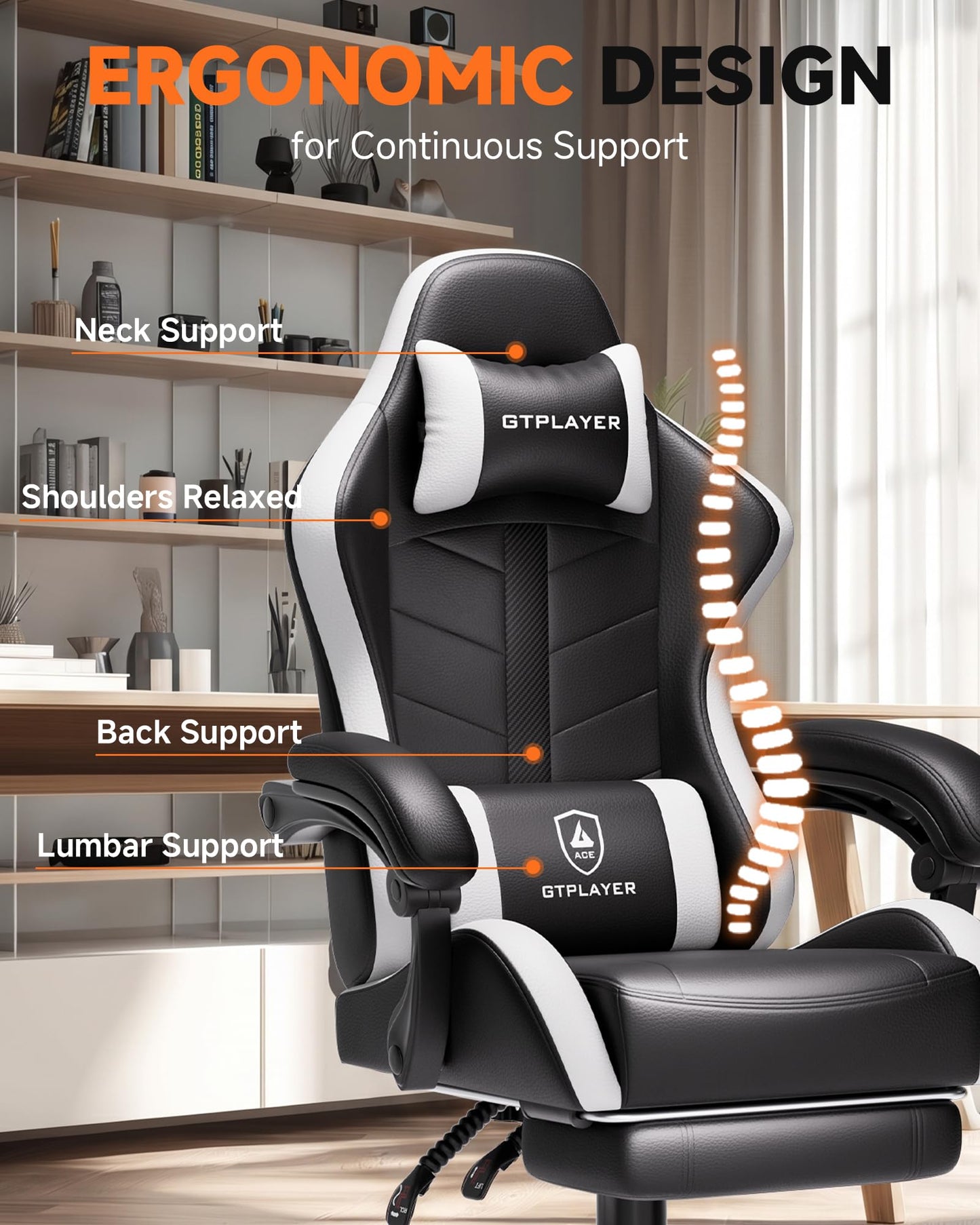 GTPLAYER Gaming Chair, Ergonomic Game Computer Chairs with Foot Rest for Adults, Adjustable PC Game Chair with Reclining Function and Comfortable Headrest for Home and Office Use (White)