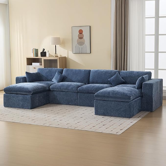 155''Cloud Boneless Sectional Couch, Modular Sectional Sofa Deep Seat with 2 Ottomans, Oversized Upholstered Convertible Comfy 6 Seater Chenille Sofa U Shape Couches for Living Room, Blue
