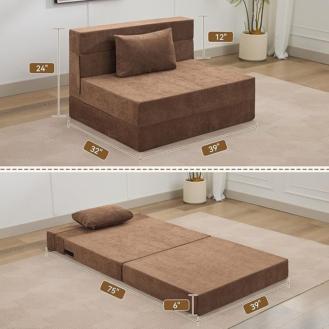 WUTUTUEE Folding Sofa Bed Convertible Floor Couch Foldable Chair Bed with Pillow，Linen Sleeper Chair Futon,Foldable Memory Foam Mattress for Bedroom/Living Room/Dorm/Office (Brown, Standard)