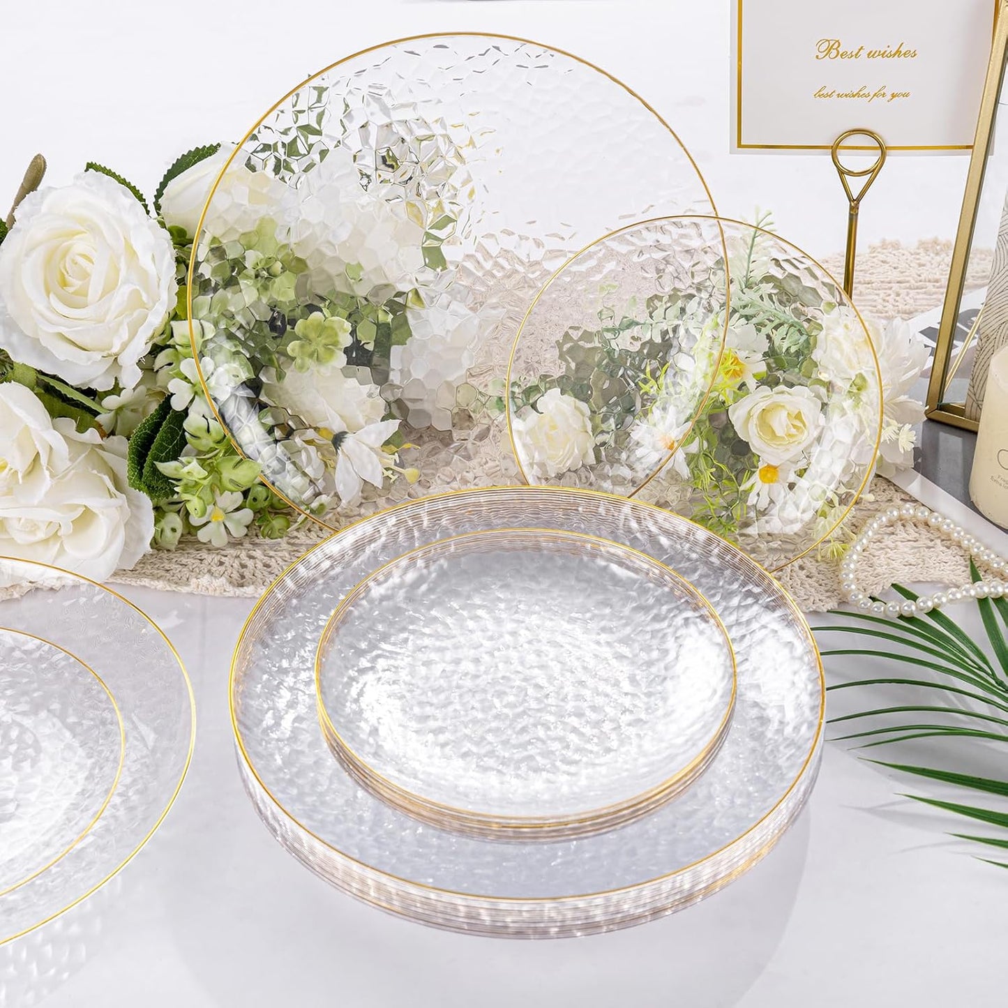Rubtlamp 100Pcs Clear Gold Plastic Plates, Disposable Plates With Gold Rim, Heavy-duty Party Platos, Hammered Plastic Plates Include 50 Clear Dessert Platos, 50 Dinner Platos for Party