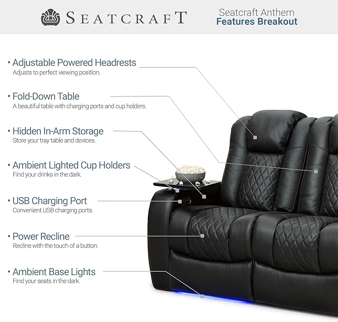 Seatcraft Anthem Home Theater Seating - Italian Leather - Power Recline Sofa - Fold-Down Table - Powered Headrests - Arm Storage - USB Charging - Cup Holders, Black
