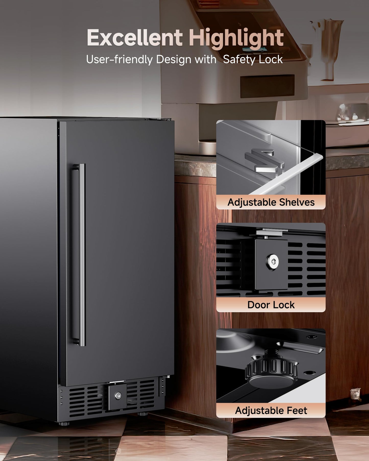 ICEVIVAL 15 Inch Under Counter Beverage Refrigerator, 128 Cans Outdoor Fridge with Adjustable Glass Shelves, ≤45dB Quiet Small Beverage Refrigerator for Outdoor Kitchen & Patio (Black)