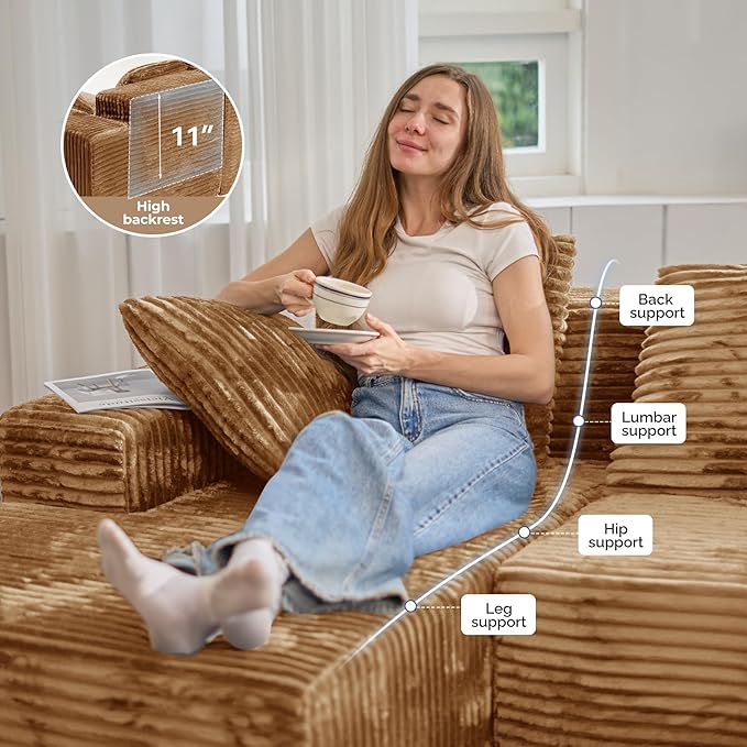 131'' U Shaped Sectional Cloud Couches with Chaise Lounge, No Assembly Required Deep Seat Modular Boneless Sofa for Living Room 3PCS, Bedroom(Camel)
