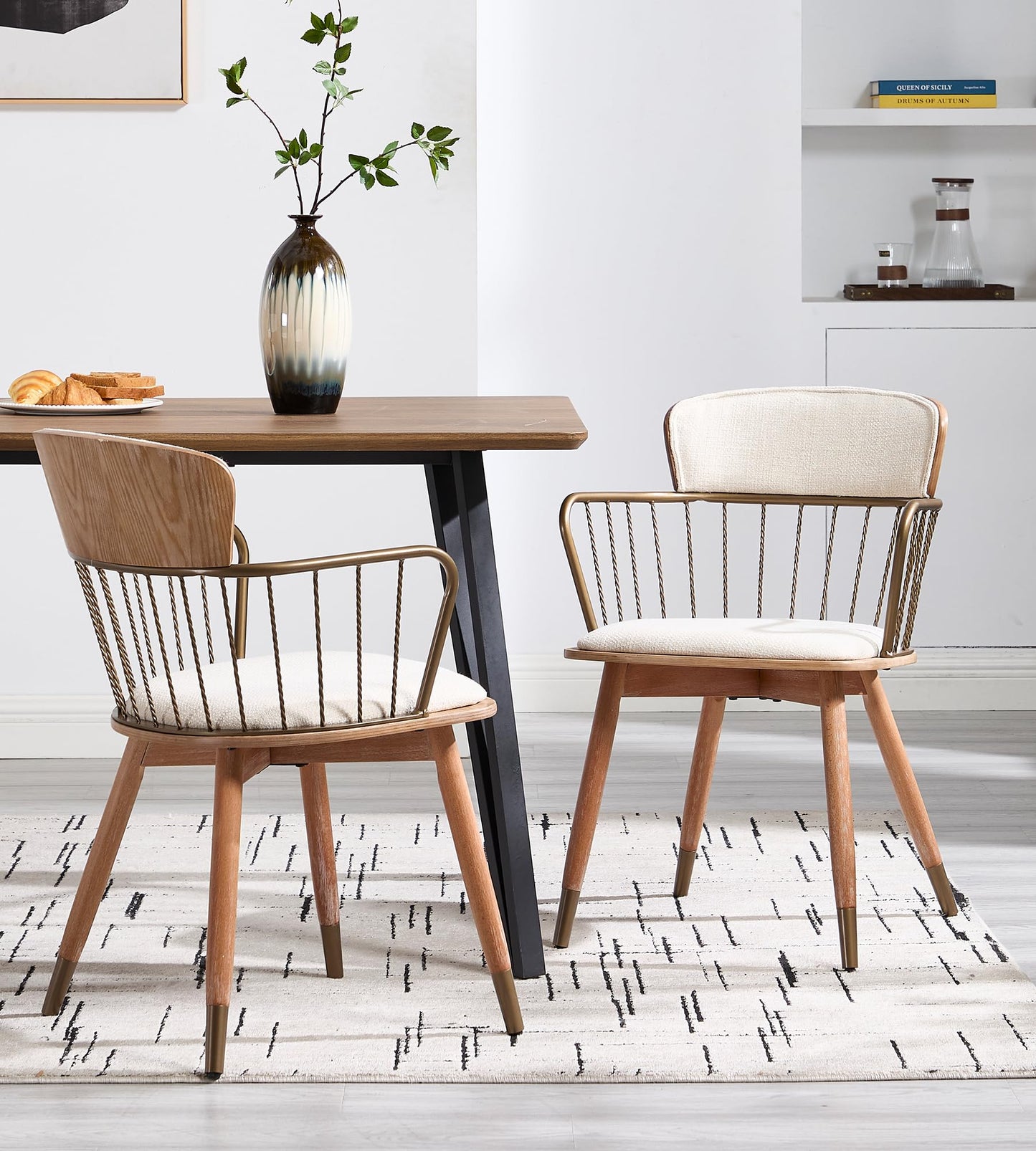 Linen Upholstered Dining Room Chairs Set of 2, Spindle Back Wooden Chairs, Mid Century Modern Dining Chairs with Arms & Metal Legs, Industrial Side Armchairs for Living Room/Restaurant,Beige