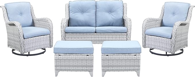 Belord 5 Piece Outdoor Patio Furniture Set - Patio Wicker Furniture Conversation Set, Outdoor Swivel Rocker Chairs with Loveseat Sofa and 2 Ottomans for Small Space, Light Gray - Baby Blue Cushion