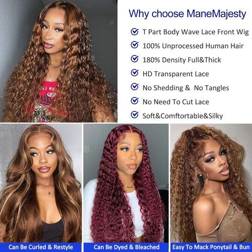 ManeMajesty Ombre Deep Wave Lace Front Wigs Wear and Go Glueless Wigs Human Hair Pre Plucked Pre Cut Wet and Wavy Lace Front Wigs 180% Density T Part Honey Blonde and Brown Mixed Wig(FS4/27,16inch)