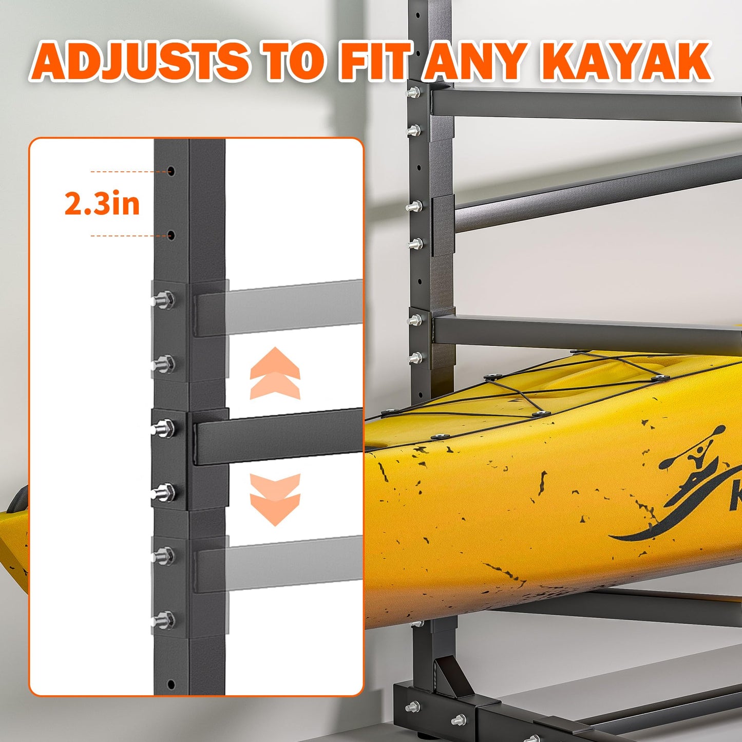Ultrawall Kayak Storage Rack, Freestanding Kayak Rack for Garage, Adjustable Kayak Stand, Paddle Board Rack for Kayak, Canoe, Surfboard, 480lbs Capacity, Indoor & Outdoor Use, 3 Levels