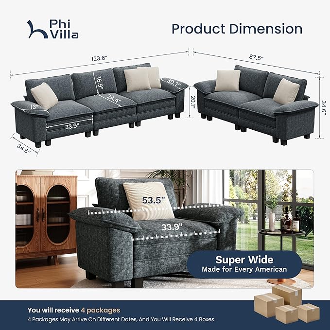 PHI VILLA Cloud Modular Couches Sets, 2 Pieces Comfy Sectional Sofa Set with Loveseat, 5-Seater Upholstered Couch for Living Room, Chenille Fabric, Dark Cyan