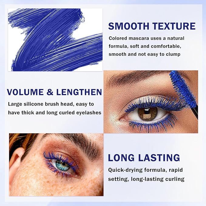 Blue Mascara and Eyeliner Set,Natural Curling Blue Mascara for Eyelashes,Volumizing Lengthening máscara de pestañas Waterproof,5D Colored Eye Makeup