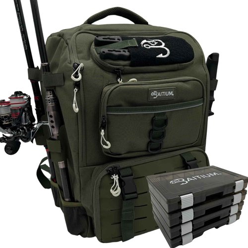 Baitium Fishing Backpack, Tackle Bag With Rod Holders, 40L Capacity With Cooler, Rain Cover, Insulated Pocket, 4 Tackle Trays Included- (Green)