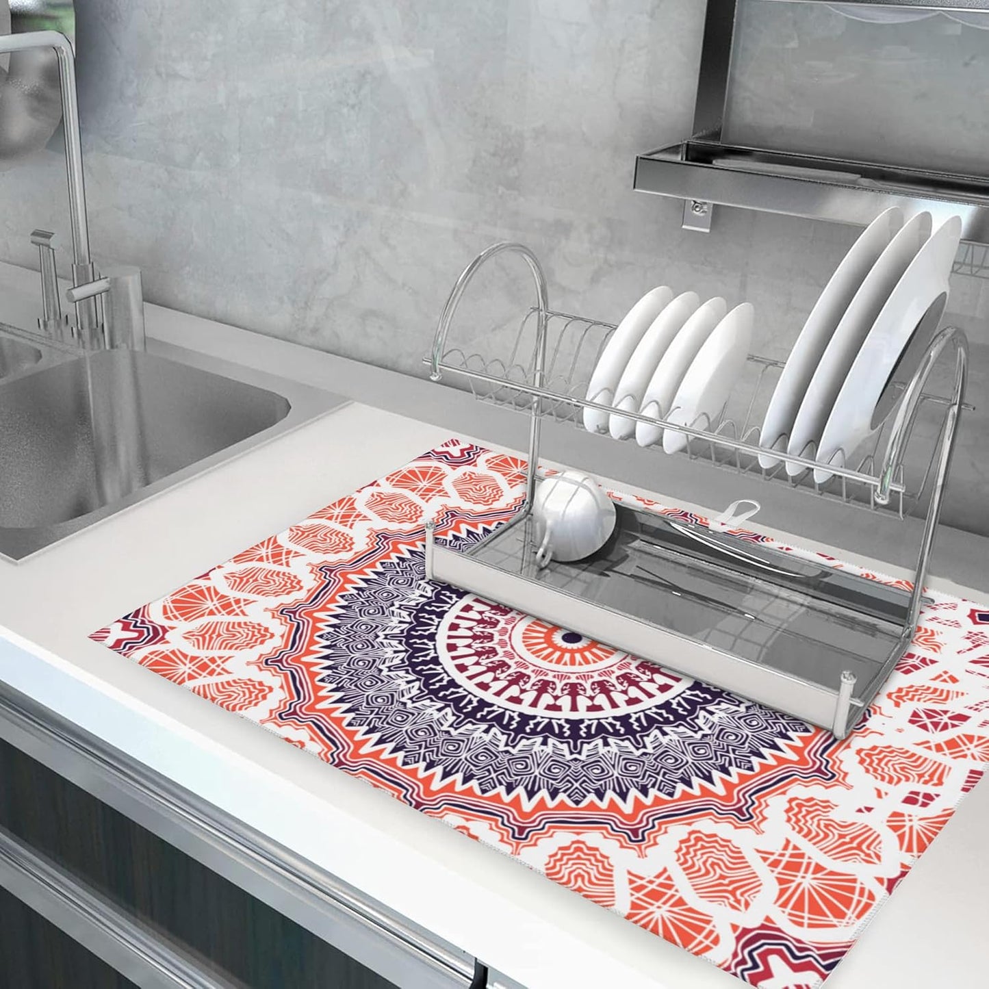Large Dish Drying Mat for Kitchen Counter,18"X24" Mandala Flowers Super Absorbent Reversible Microfiber Dish Drying Mat Dish Drainer Mat,Dishes Mat Drying Pad for Kitchen Countertop Coffee Bar