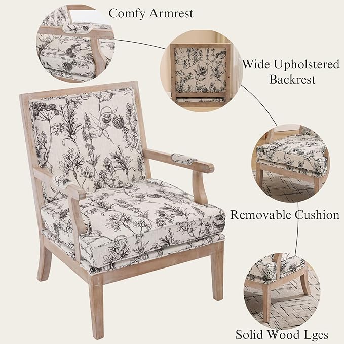 DM Furniture Floral Accent Chair Mid-Century Modern Living Room Chairs Upholstered Fabric Reading Chair Lounge Armchair with Solid Wood Frame & Removable Cushion for Bedroom, Balcony, Floral Pattern