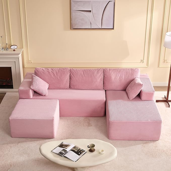 Afuson 107" Boneless Couch with Deep Seat, Modular Sectional Sofa, Cloud Sectional Couch for Living Room, No Assembly Required, Corduroy, U-Shape 3 Seater Right, Pink