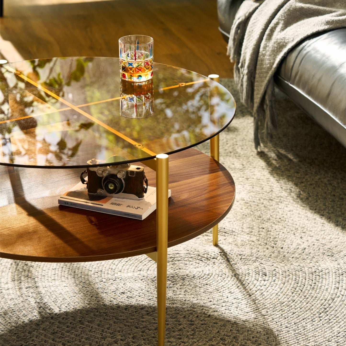 Saint Mossi Glass Round Coffee Table for Living Room, Middle-Century Modern Style, Coffee Brown Glass Top & Walnut Brown MDF Wood Top, with Gold Finish Legs & Frame
