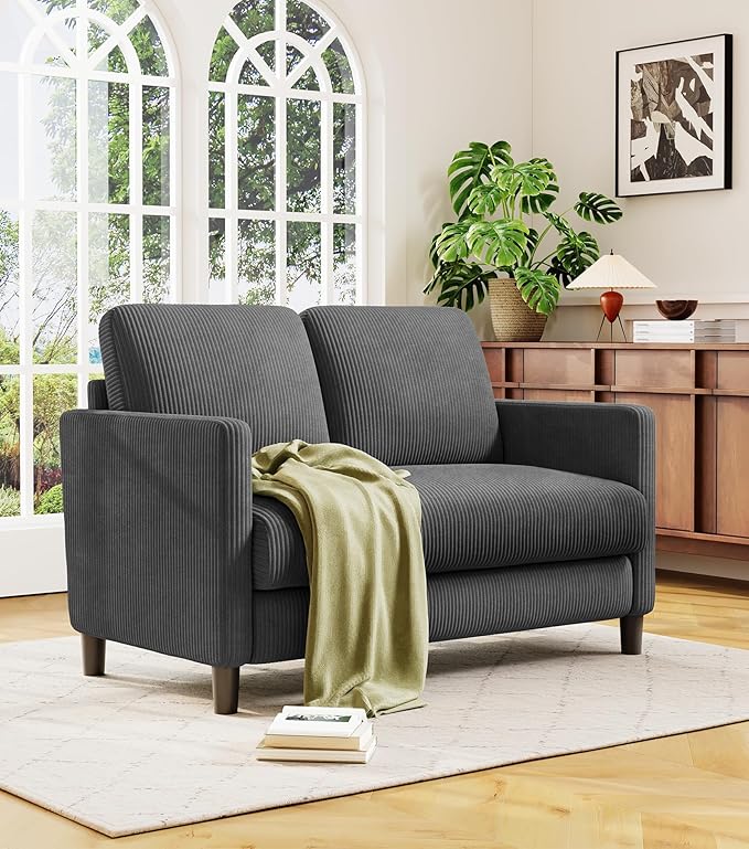 Welzona Loveseat Sofa, 51" Love Seat, Comfy Corduroy Small Loveseat for Small Spaces, Tool-Free Setup Couch for Bedroom, All-Wood Couches for Living Room, No Pillow Included, Grey