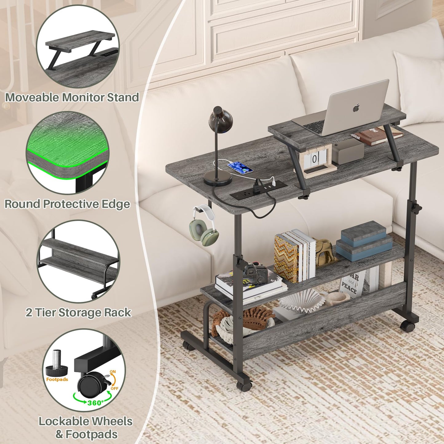 Height Adjustable Standing Desk with Power Outlets and LED Lights - 32" Manual Stand Up Desk with Monitor Stand and Storage Shelves Small Mobile Rolling Computer Desk Portable Laptop Table, Grey Oak