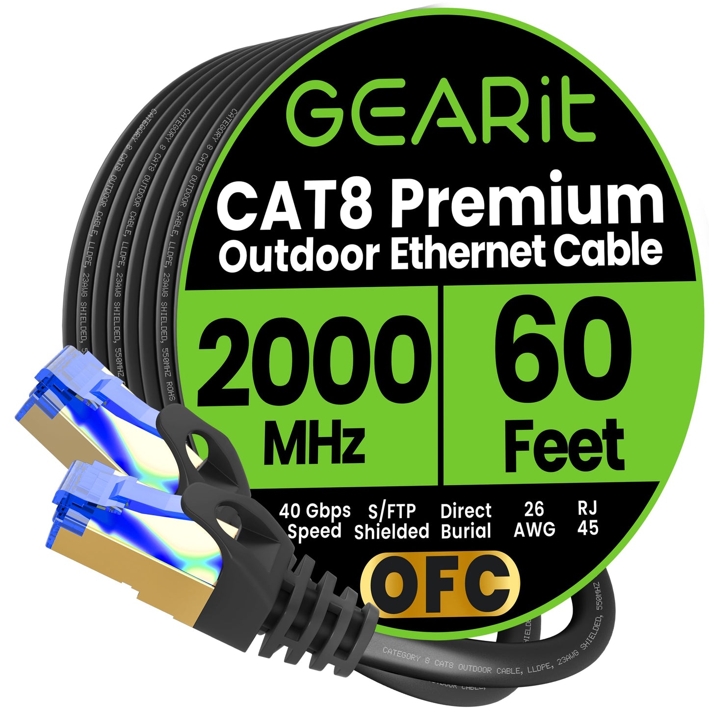 Gearit Cat8 Outdoor Ethernet Cable (60 Feet) Waterproof, Direct Burial, In-Ground, Lldpe Uv Jacket, Pure Copper, 26Awg, 40Gbps 2