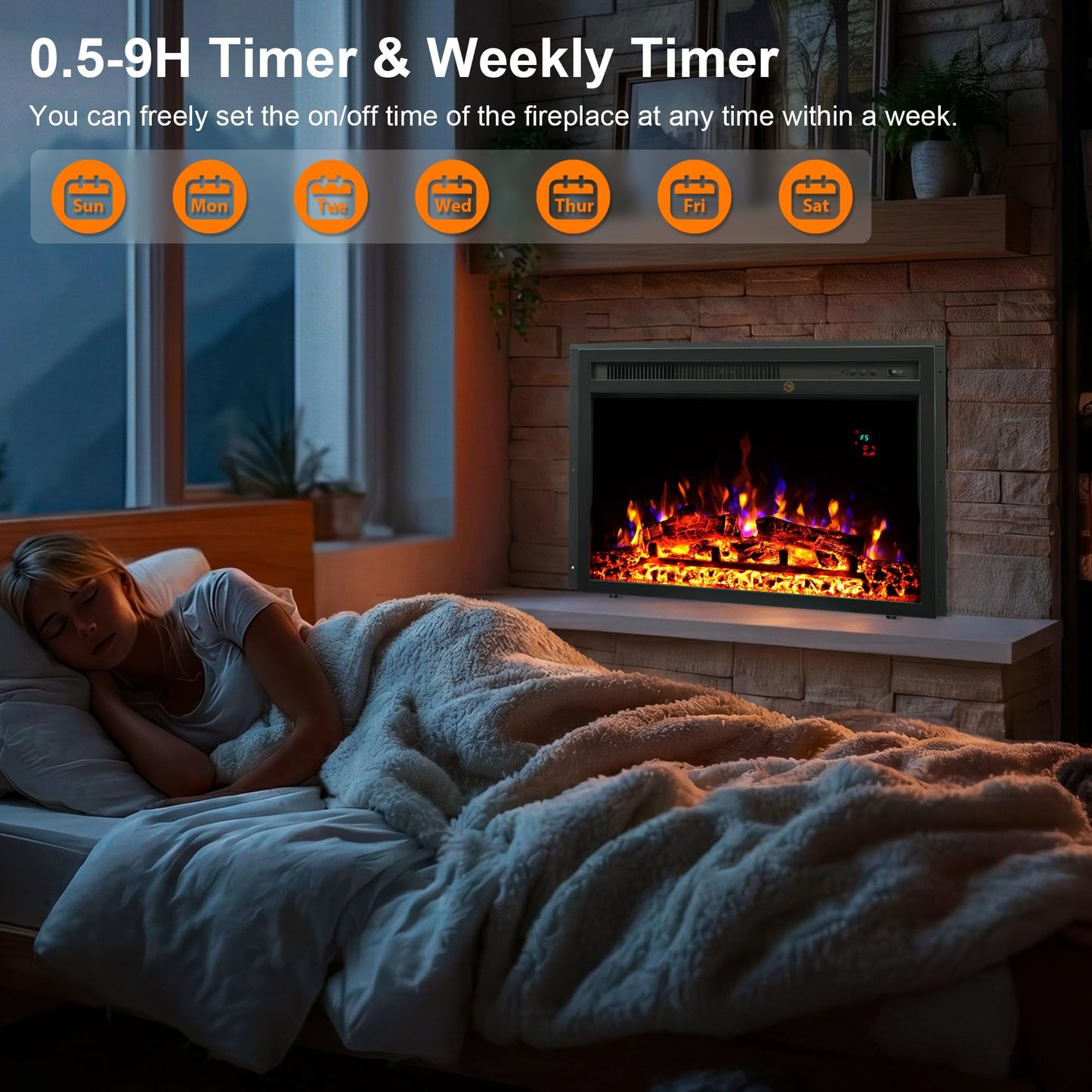 23" Electric Fireplaces Inserts, Recessed Fireplace Heater with Thermostat, 5 Flame&Fuel Bed Brightness,Timer