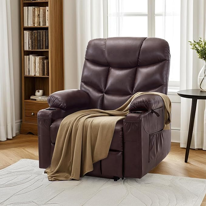 MCombo Power Lift Recliner Chair with Extended Footrest for Elderly People, Faux Leather 7287 (Dark Brown, Medium)