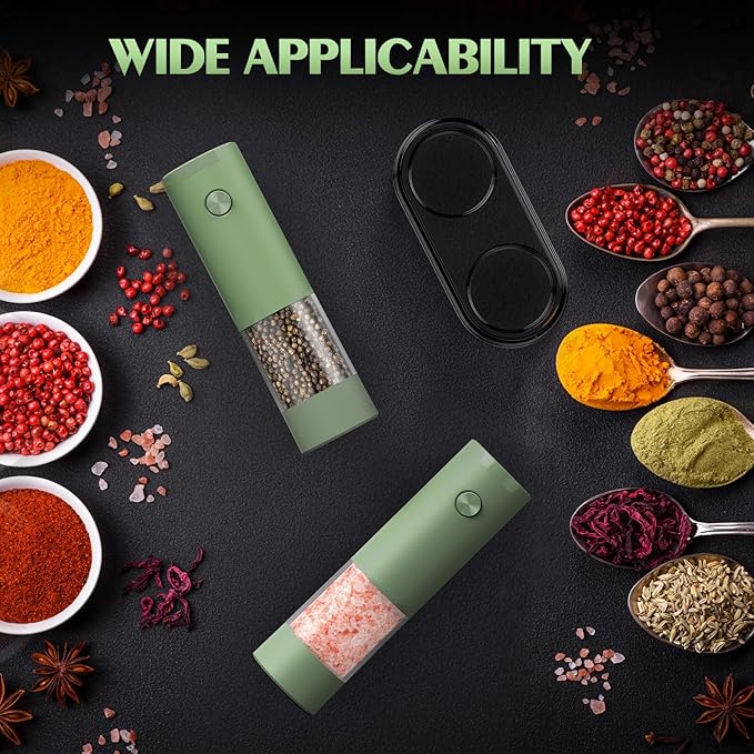 Salt and Pepper Grinder Set Mom Christmas Gifts, Electric Automatic Green Salt Pepper Shakers Home Kitchen Gadgets for New Home, Adjustable Coarseness Pepper Grinder Kitchen Appliances