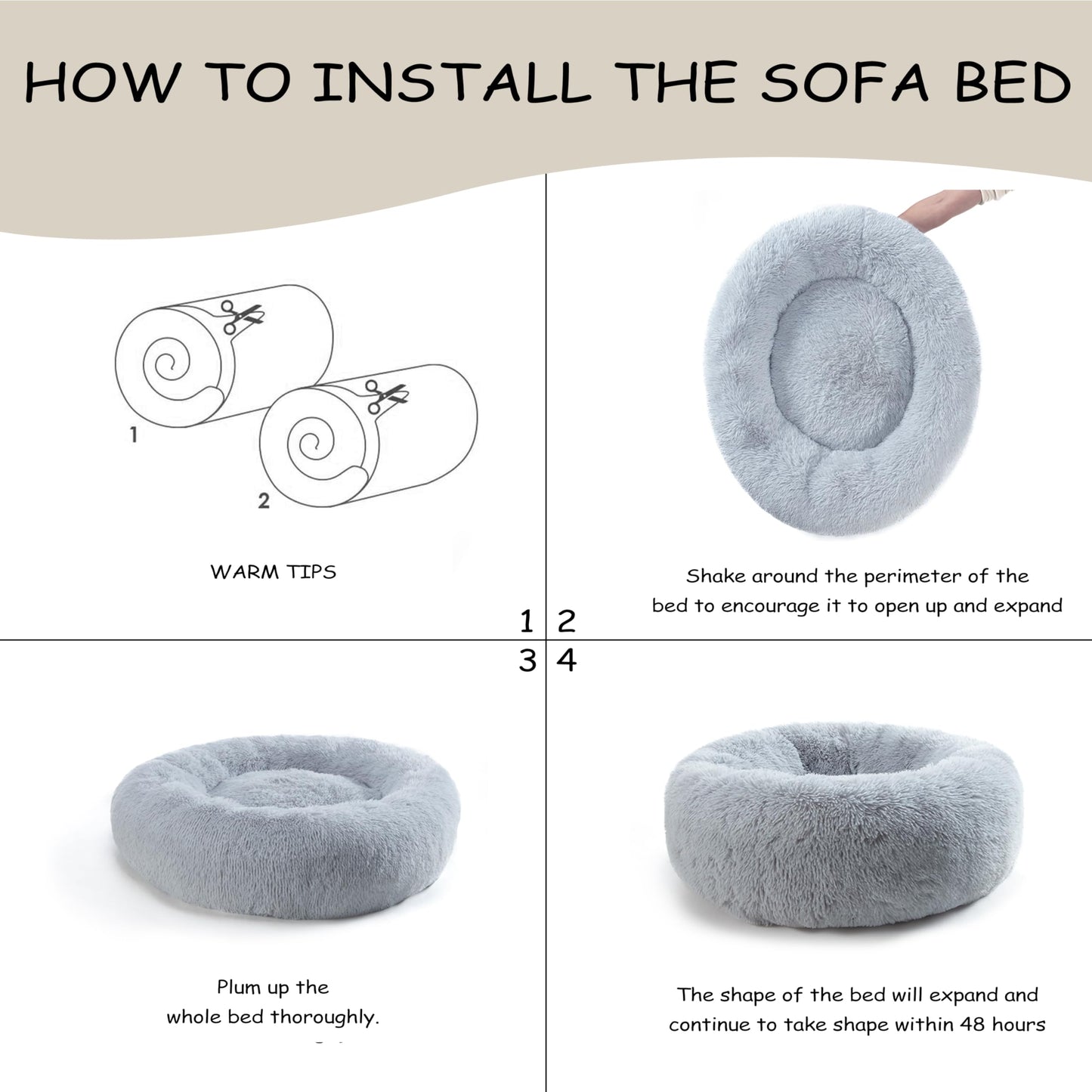 Bunlitent 39'' inch Calming Dog Bed, Plush Anti-Anxiety Donut Dog Bed for Small Medium Large Dogs, Warming Cozy Soft Cute Round Washable, Marshmallow Cuddler Nest Pet Bed, Grey