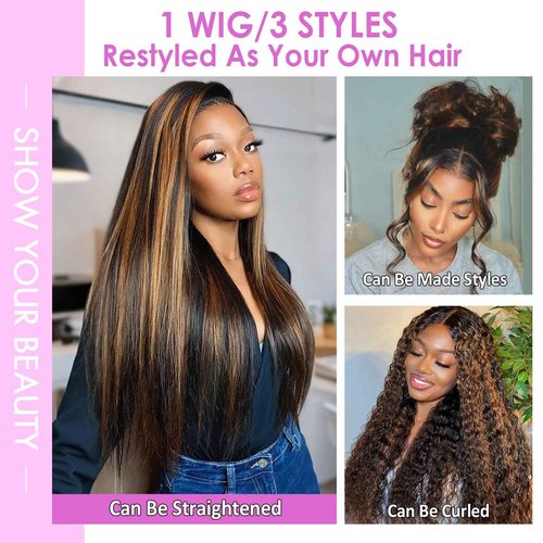 Vemalin Highlight Ombre Lace Front Wig Human Hair Body Wave Lace Front Wigs Human Hair Pre Plucked 13x4 1B/30 Brown Highlight Wig 200 Density Colored 26 Inch Balayage Wigs for Women