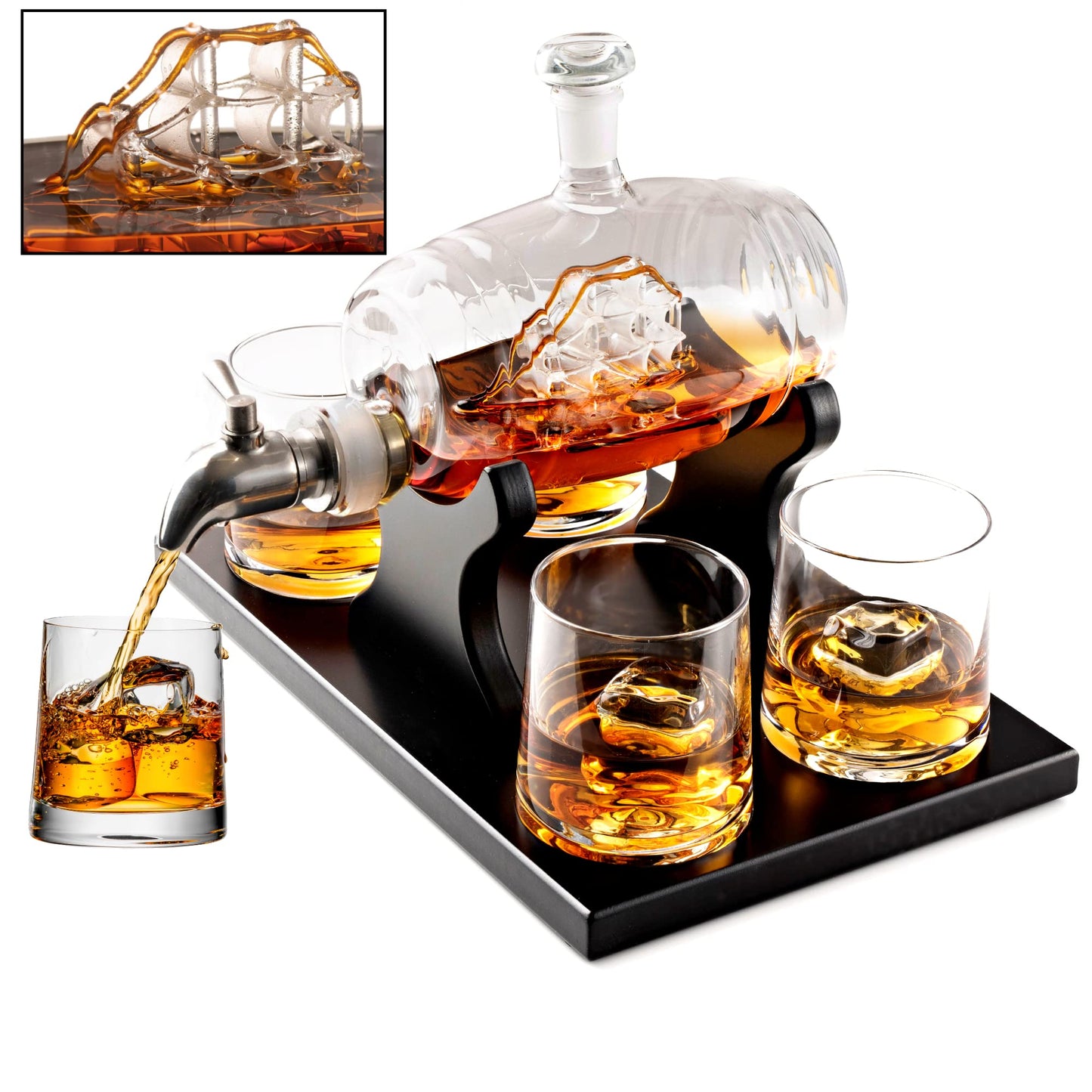 Bezrat Whiskey Decanter Barrel Set - 1000ml Liquor Dispenser - 4 Glasses - Ship in a Bottle Bar Gifts