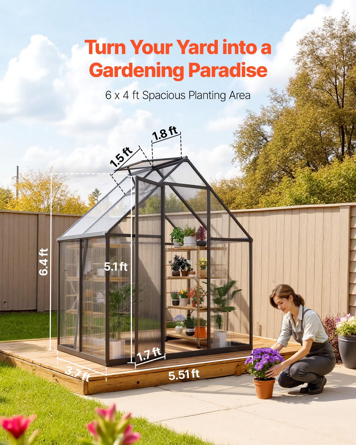 VEVOR 6 x 4 FT Polycarbonate Greenhouse, Heavy Duty Outdoor Green House with Adjustable Vent & Push-Pull Lockable Door, Quick Setup, Aluminum Frame Walk-in Greenhouse Sunroom for Outside Garden Lawn