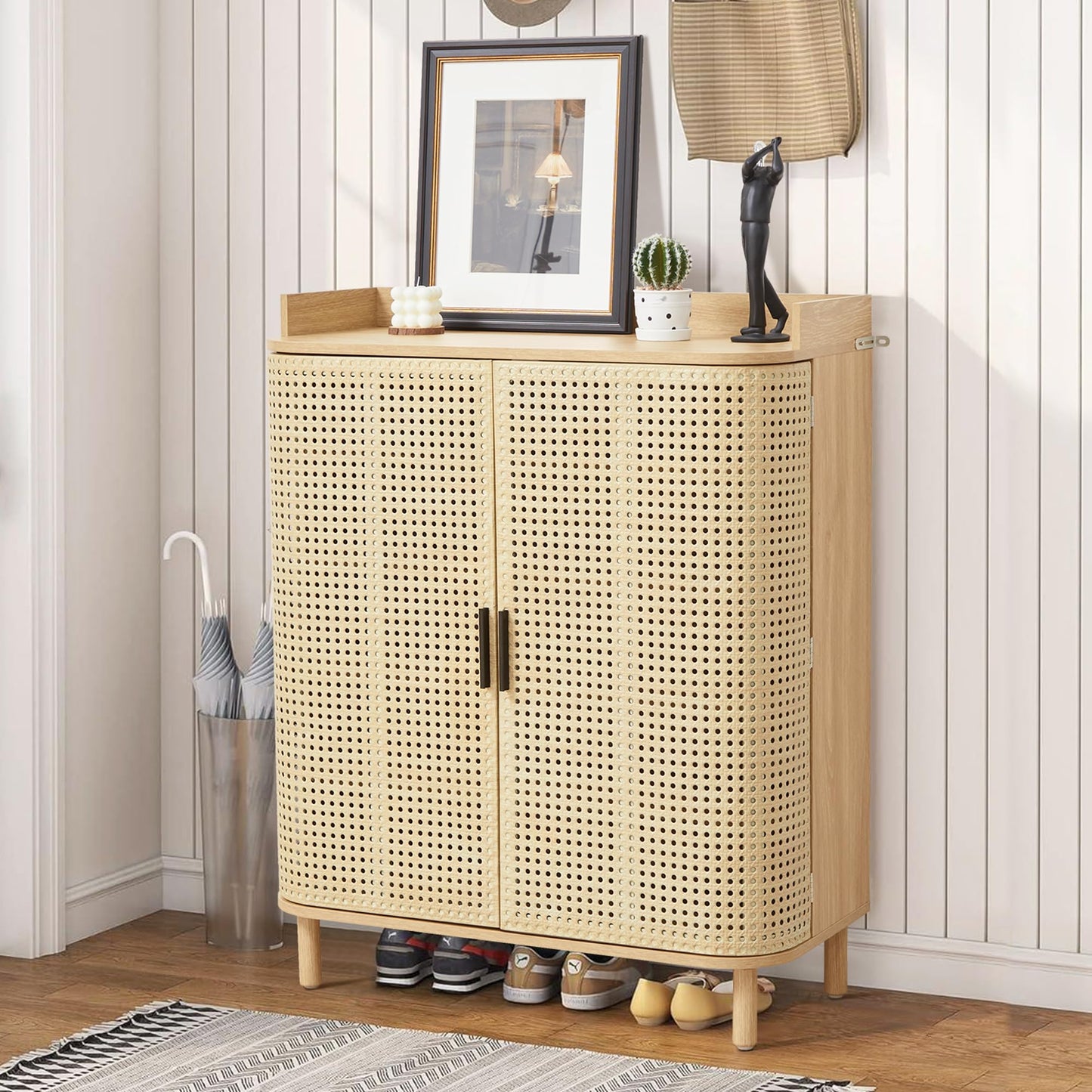 ORRD Shoe Cabinet, 5 Tier Boho Wooden Shoe Storage Organizer Cabinet with Adjustable Shelves, Shoes Rack with Iron Rattan Curved Doors Accent Cabinet for Entryway Hallway Living Room, Natural