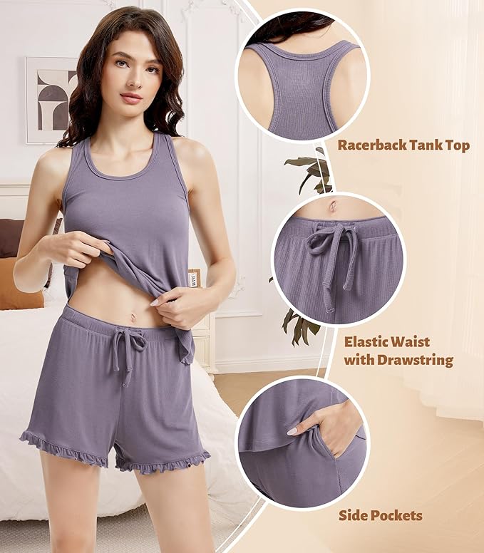 NACHILA Pajamas for Women-Viscose from Bamboo, Ribbed Racerback Tank Top Sexy Split Shorts Pajama Sets Cooling Sleep Cami Pjs