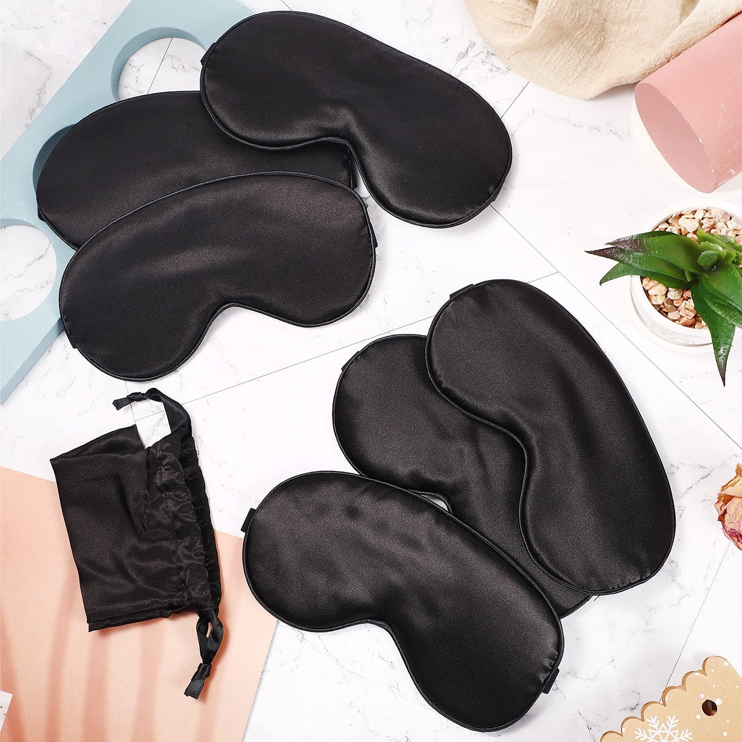 6 Pieces Natural Silk Sleep Mask Soft Eye Mask Adjustable Strap Blindfold Eyeshade Smooth Comfortable Eye Cover with Bag for Sleeping(Black)