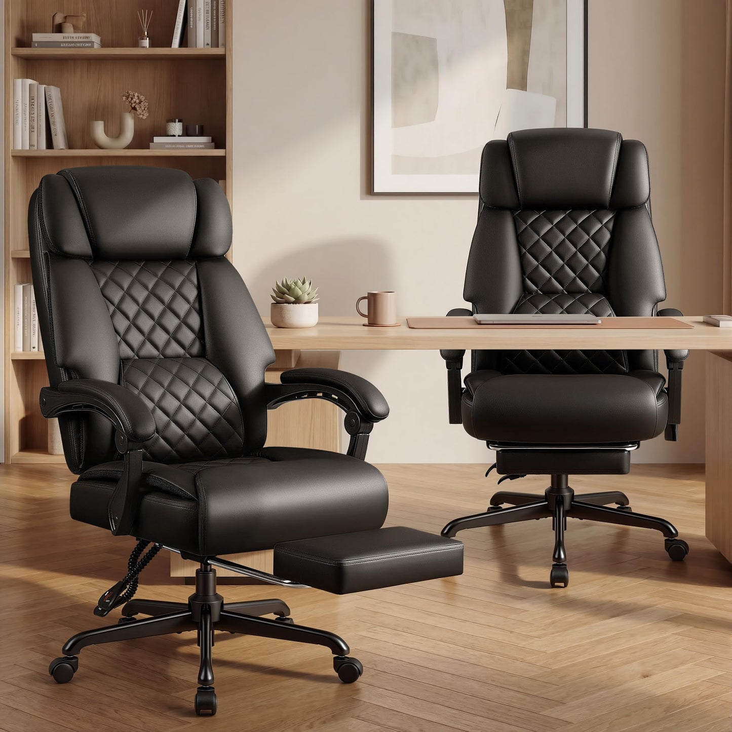 JUMMICO Massage Office Chair with 6 Point Vibration and Heat, Ergonomic Executive Home Office Desk Chair with Foot Rest, High Back 400LBS Leather Computer Chair for Home Office (Black)