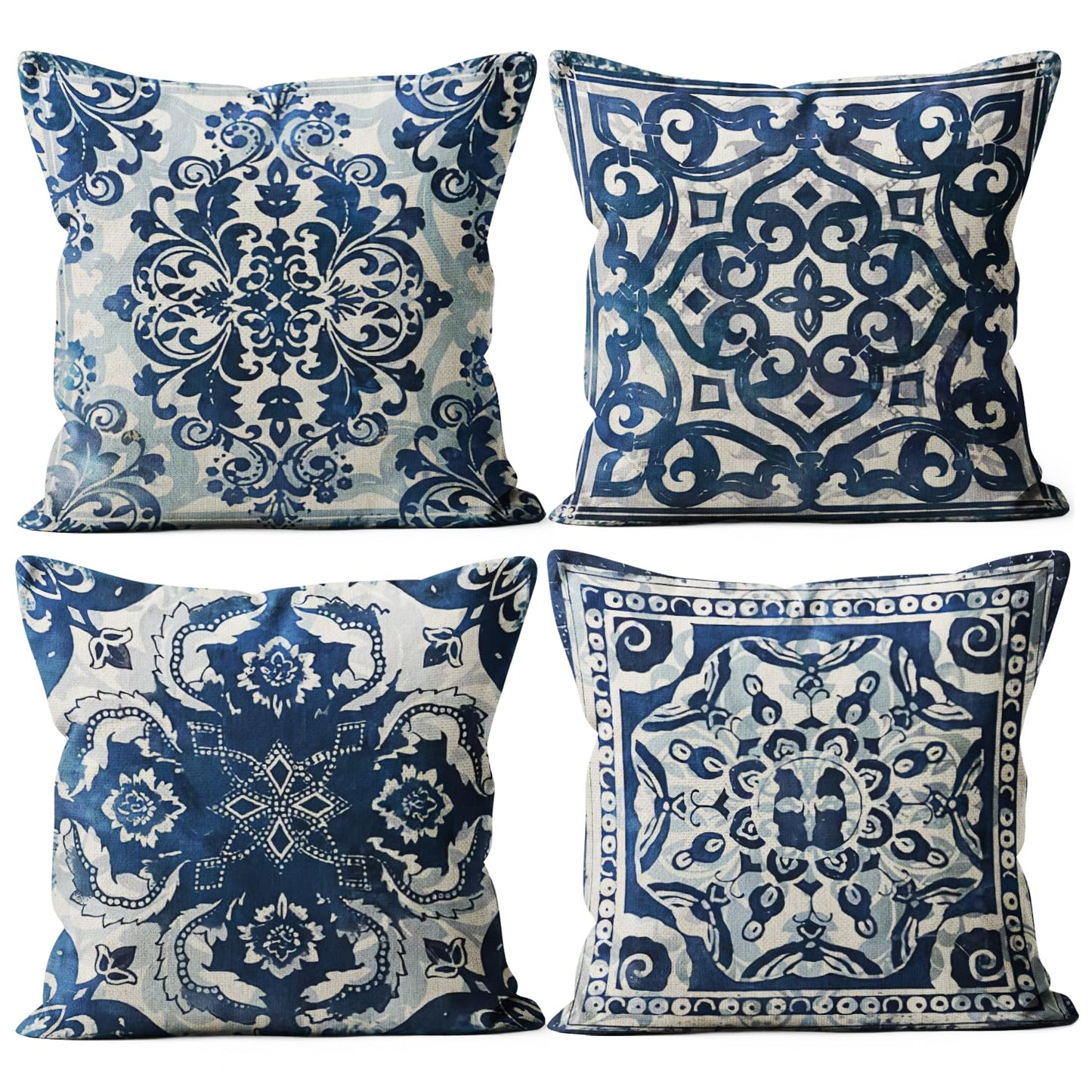 M-Qizi Blue Throw Pillow Covers - Blue Pillow Covers 18x18 Set of 4, Decorative Blue and White Pillow Covers, Chinoiserie Pillow Cover, Chinoiserie Decor