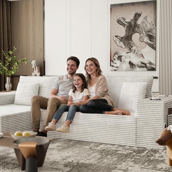 Cibert 104.3" Modular Sectional Sofa, Beige Boneless Couch Left Chaise L Shaped Couch with USB Ports, 2 Cup Holders, 2 Side Storage Bags & Lint Remover, No Assembly Sectional Couches for Living Room