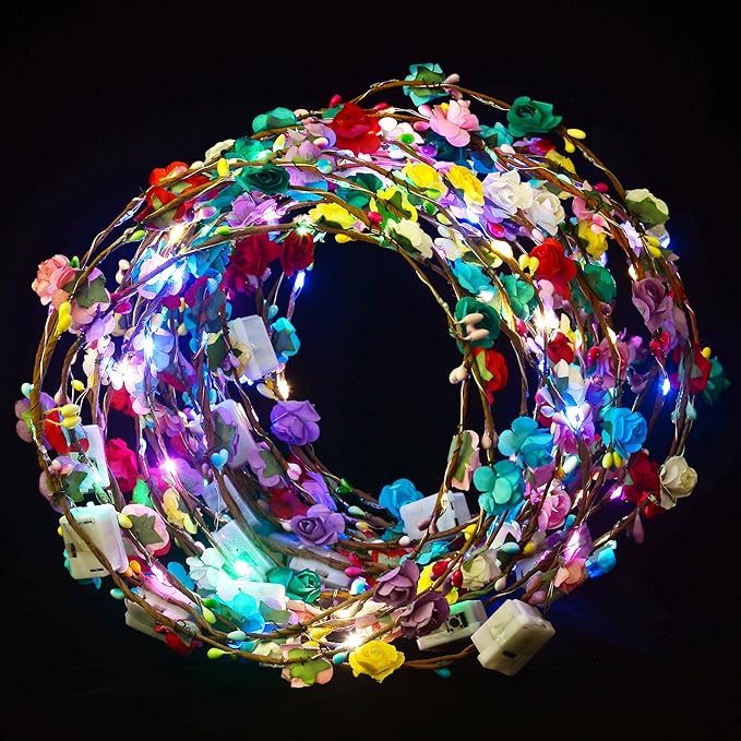 QSJQAMG 30 Pcs LED Flower Crown Headband,led Headbands,Light Up Flower Headbands for Women,Garlands Glowing Floral Wreath ...