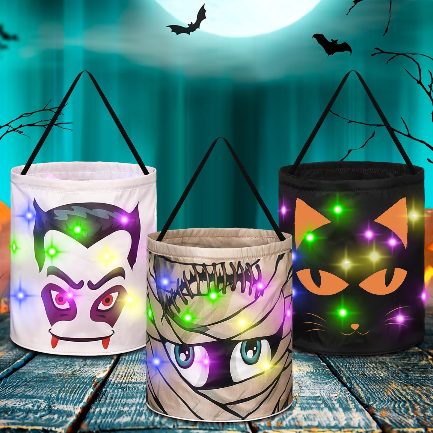 Sanwuta 3 Pcs Lighted Halloween Trick or Treat Bucket 10 x 10.5 Inches LED Spooky House Castle Bag Reusable Goody Candy Bucket for Kids Trick or Treat Halloween Birthday Party Favor Supplies(Novelty)