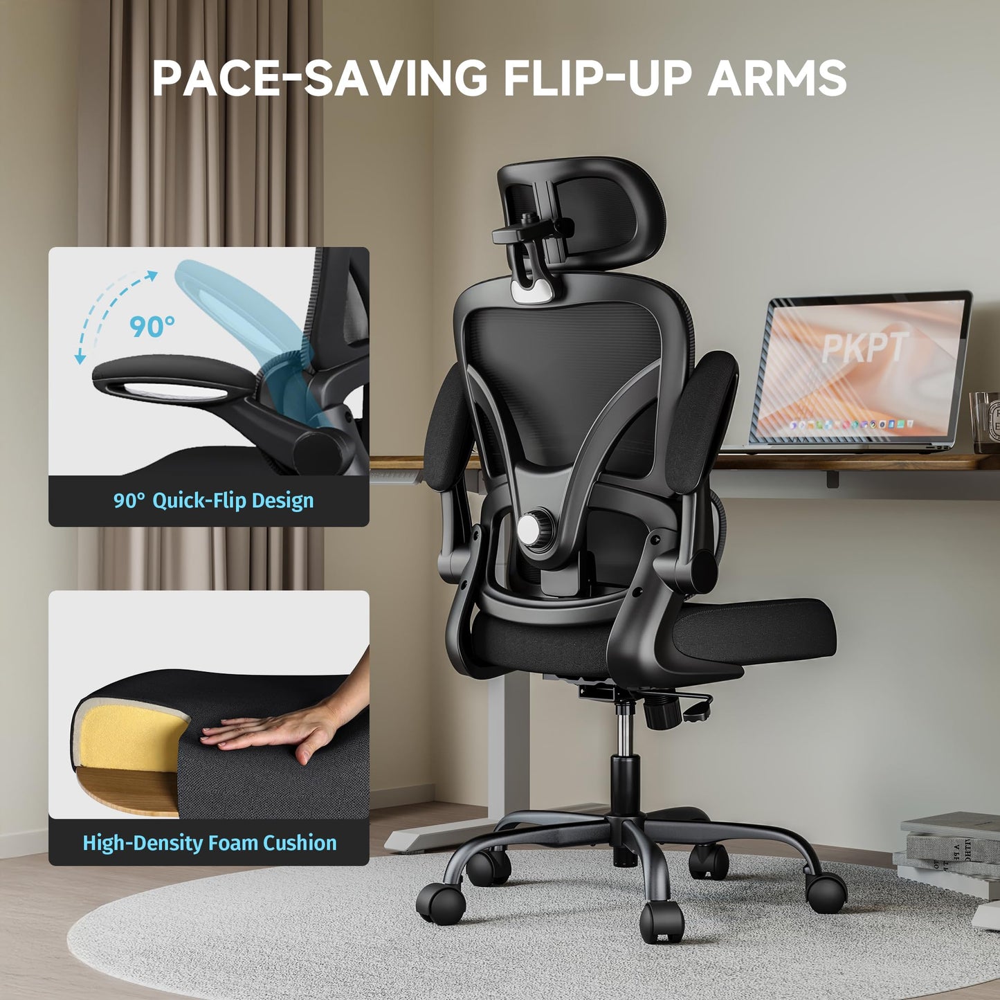 PKPT Ergonomic Office Chair, 330LBS Desk Chair with 3-Level Lumbar Support & Headrest, Breathable Mesh Backrest, Flip-Up Armrests for Home Office and Gaming, Black