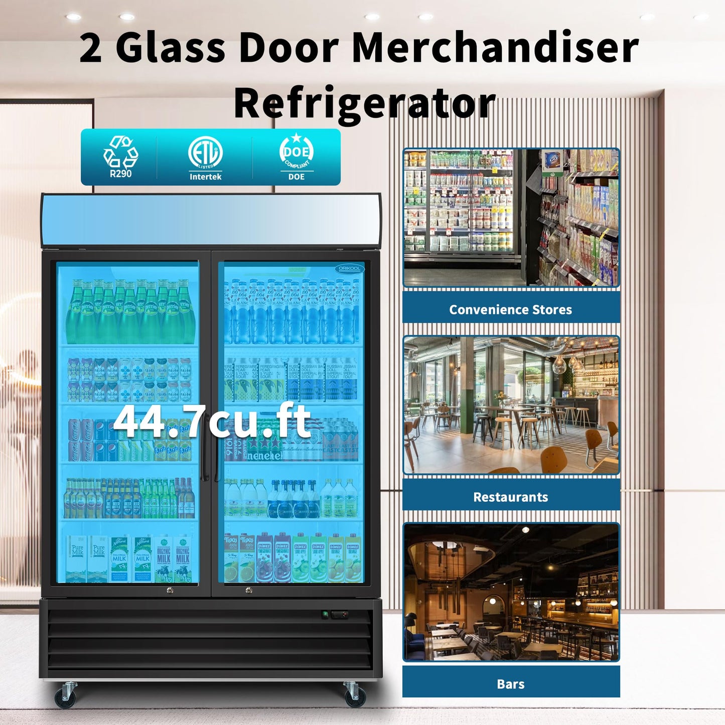 44.7 Cu.ft Glass Door Display Commercial Refrigerator,Beverage Refrigerators with Adjustable Shelves and Defrost System,LED Light,4 Universal Casters,for Restaurant Grocery Stores Home,Black
