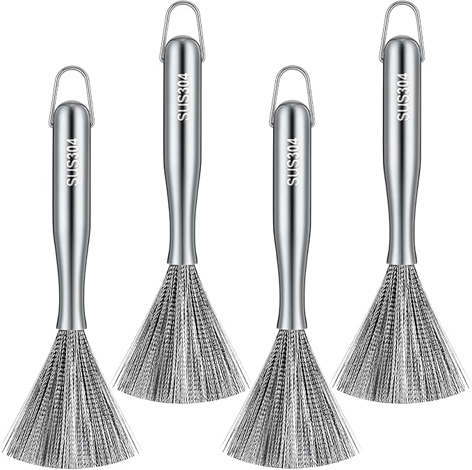 4 Pcs Stainless Steel Dish Brush with Handle Heavy Duty Kitchen Scrub Brush for Dishes Pots and Pans 304 Stainless Steel Long Handle Washing Brushes Metal Scrubber for Dishwashing Cleaning