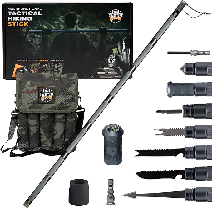 Prime Adventure 15-in-1 Tactical Survival Walking Stick & Hiking Staff – Heavy-Duty Collapsible Multitool for Camping, Hik...