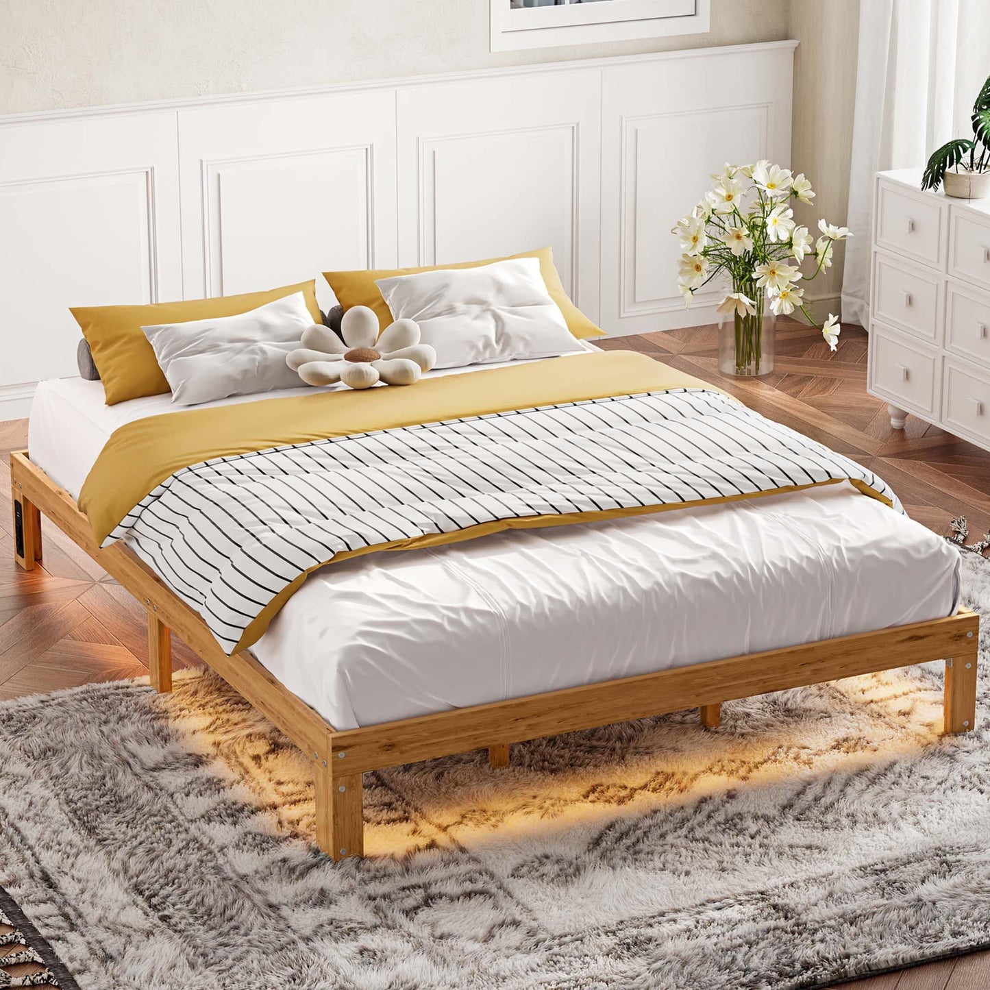 Suheww Wood Platform Bed Frame Queen Size, 12 Inch Bed Frame with Led Lights Mattress Foundation with Charging Station, Heavy Duty Wooden Slat Support, No Headboard, No Box Spring Needed
