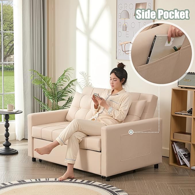 GOSUHI 52" Sleeper Sofa with Pull-Out Bed, 3-in-1 Convertible Sofa Bed, Loveseat with Stepless Adjustable Backrest and Side Pocket, for Living Room Dorm Apartment, Linen, Beige