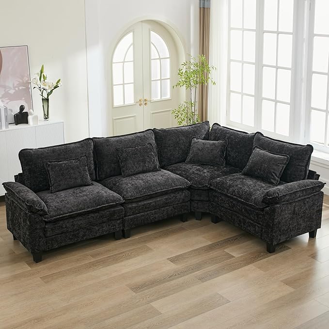 URRED Cloud Couch Modular Sectional Sofa, 116" Modern L Shaped Deep Seat Sofa with Pillows, Ultra Comfy Chenille Corner Couches for Living Room, Bedroom or Apartment, Black