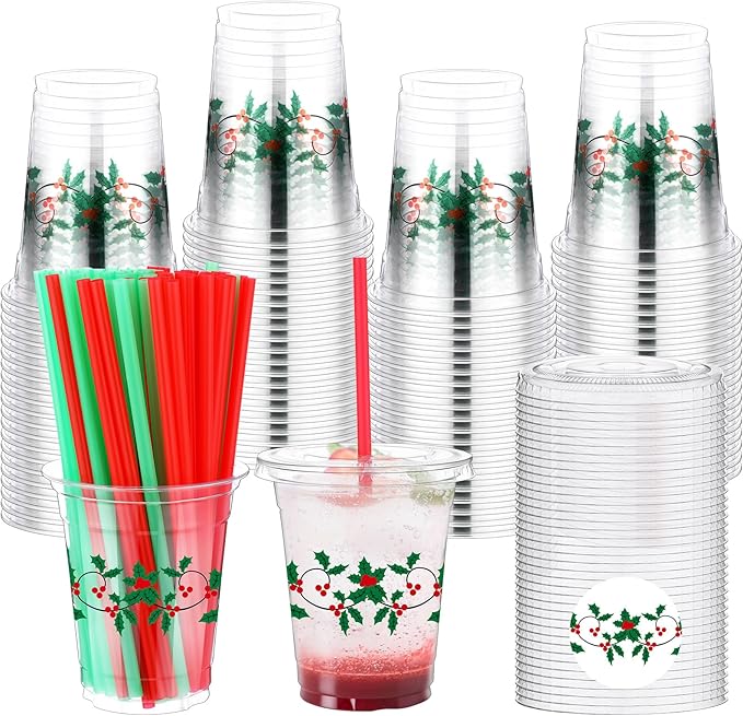 Blushtier 100 Pcs Christmas Plastic Cups Disposable with Lids and Straws 12 oz Christmas Holly Party Cups Clear Drinking C...